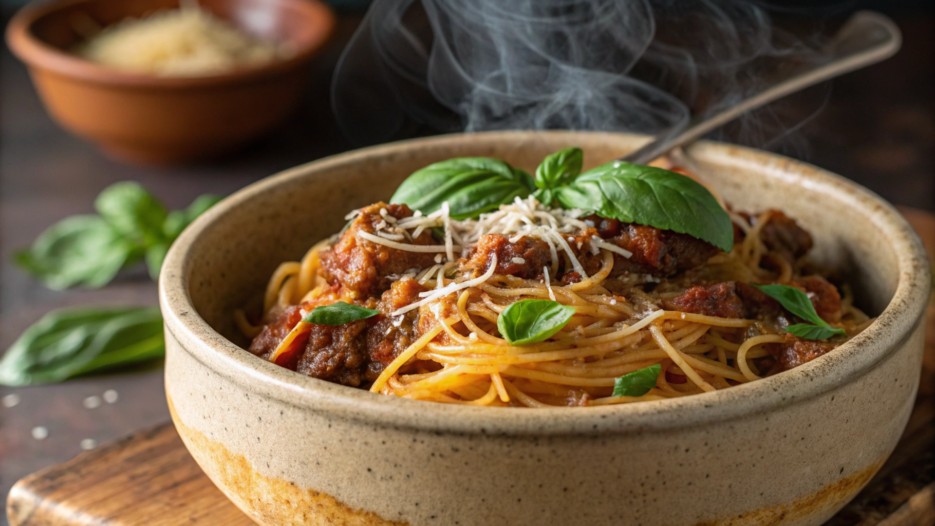 Slow cooker beef pasta recipe with angel hair served in a rustic bowl.