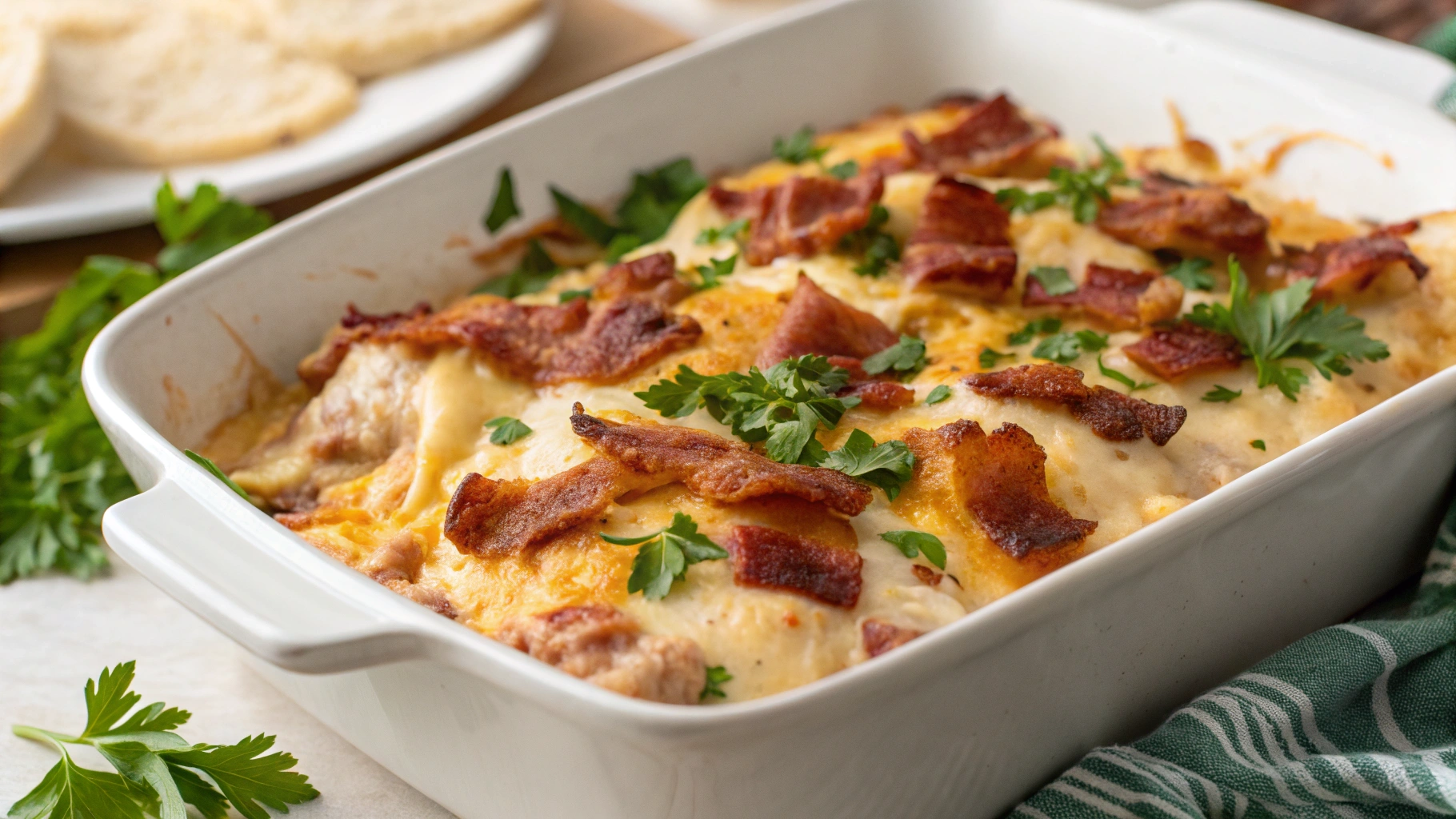 Delicious baked crack chicken recipe with melted cheese, bacon, and ranch