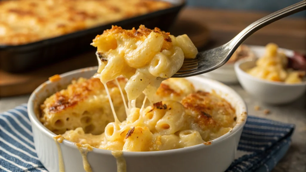 Gooey 3 cheese mac n cheese on a fork