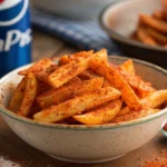 A bowl of crispy, spicy hot fries with bold red-orange seasoning.