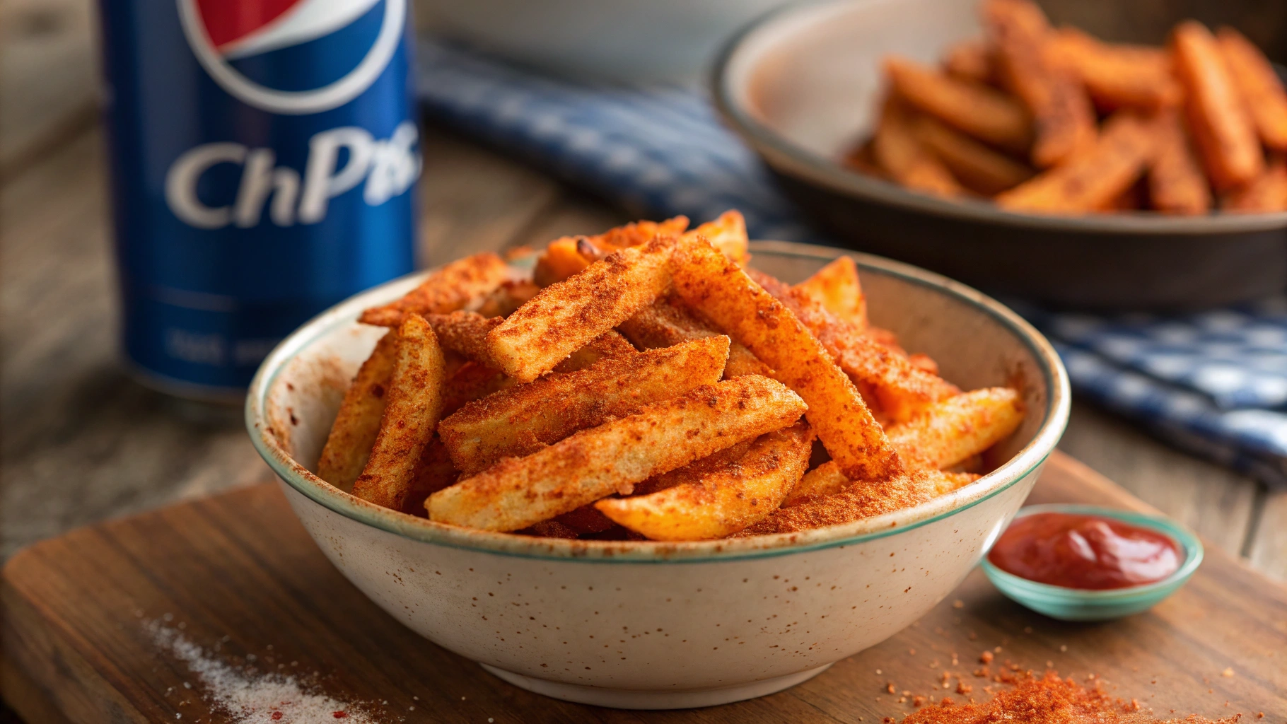 A bowl of crispy, spicy hot fries with bold red-orange seasoning.