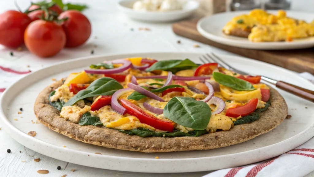 Healthy breakfast pizza with vegetables and scrambled eggs for school meals