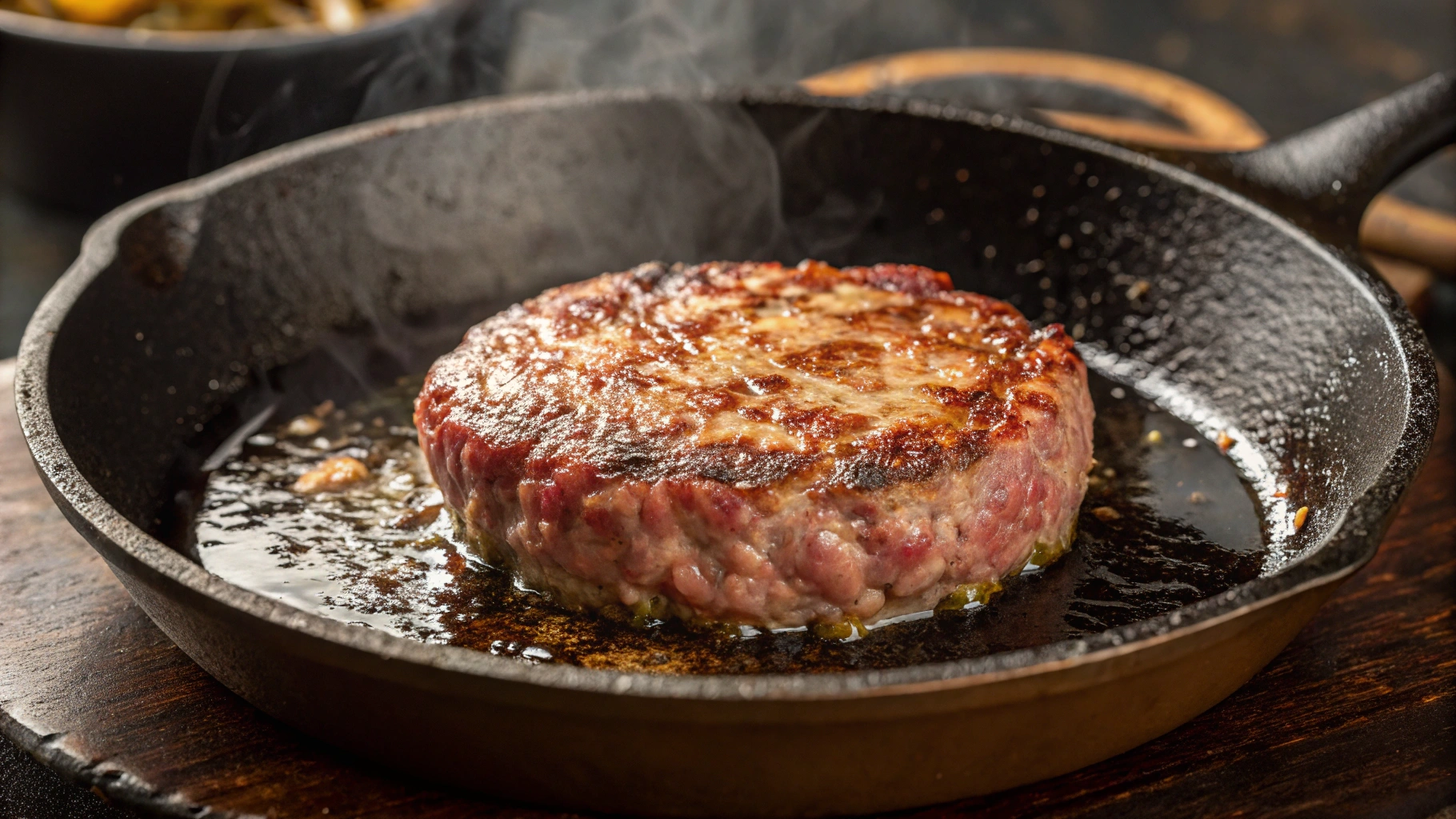 Wagyu Ground Beef cooking in a cast iron skillet.