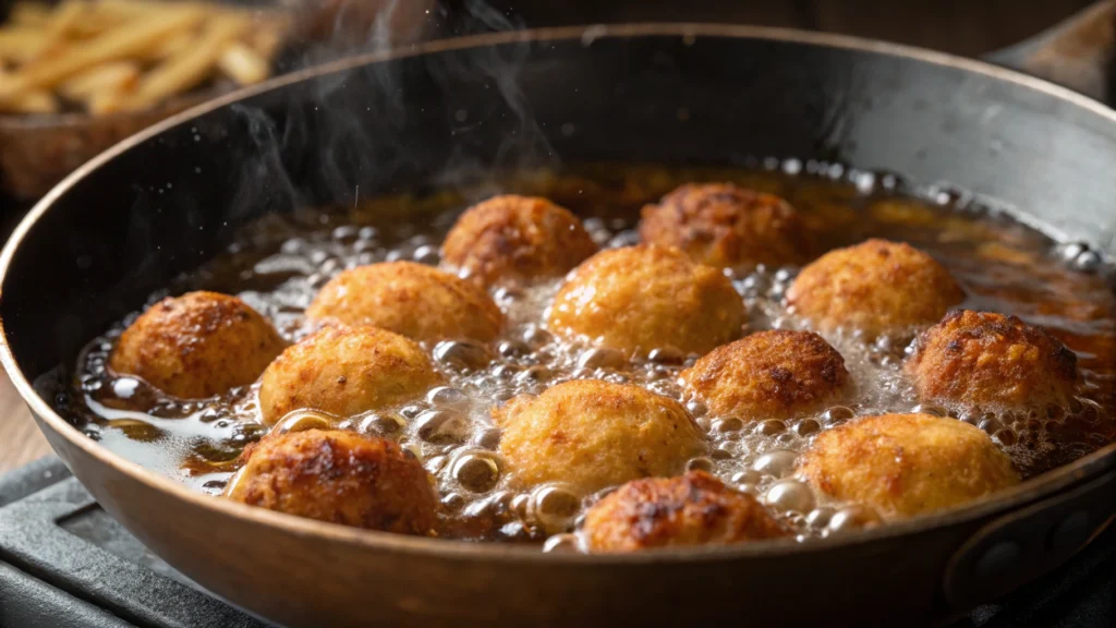 Frying crab balls in hot oil until golden brown