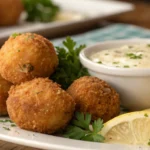 Crispy crab balls recipe with tartar sauce and lemon wedges