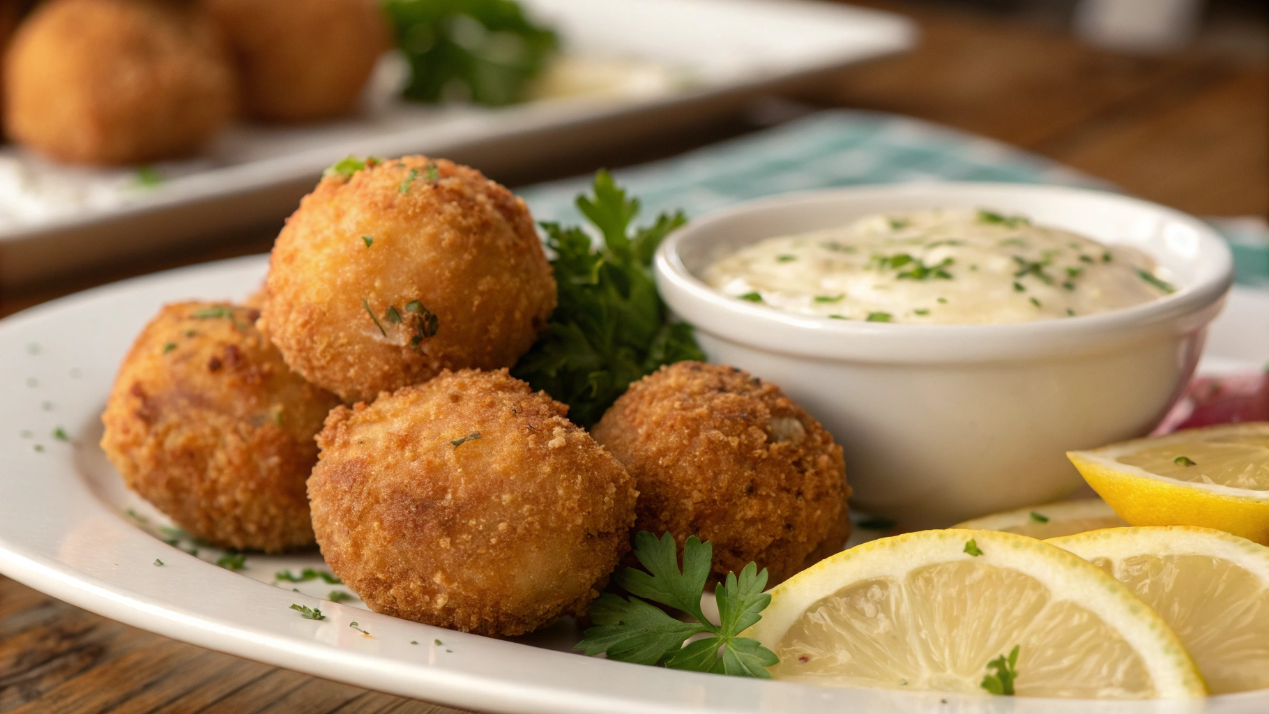 Crispy crab balls recipe with tartar sauce and lemon wedges