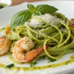 Pesto langostino zucchini pasta recipe close-up