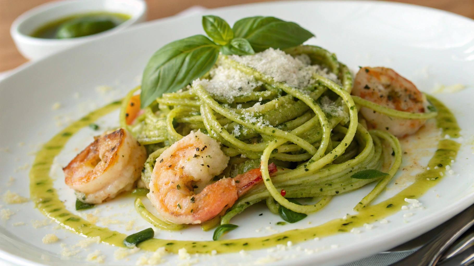 Pesto langostino zucchini pasta recipe close-up