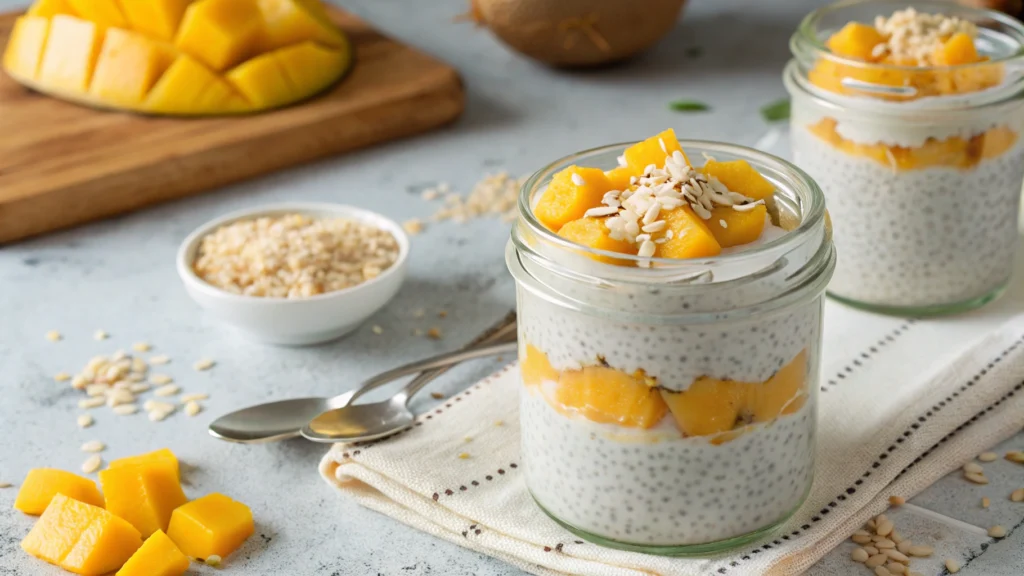 Chia pudding bowl with fresh mango and coconut flakes.