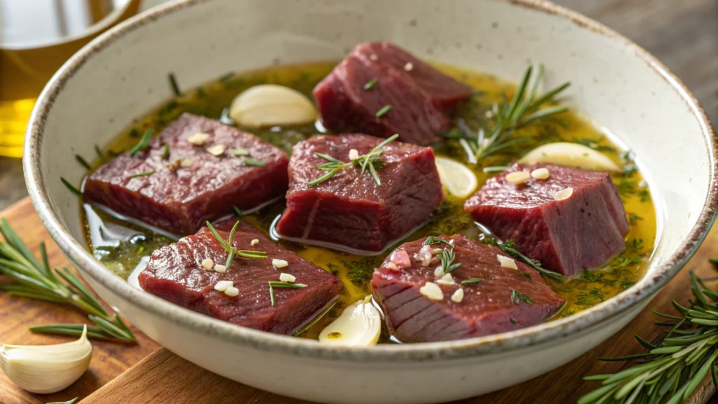 Marinated venison cube steaks in garlic and herbs.