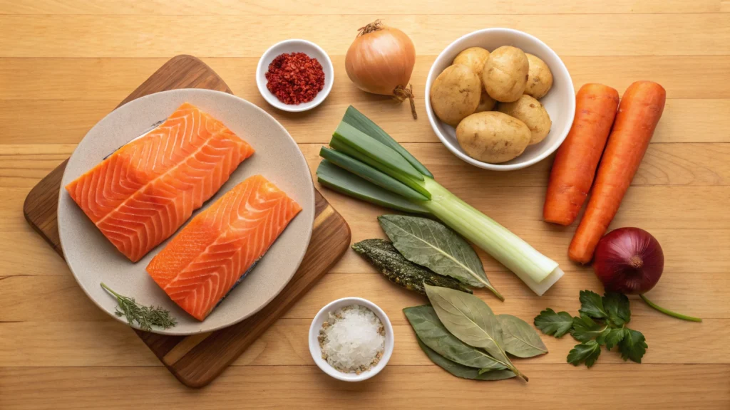 Fresh ingredients for salmon stew, including salmon fillets, carrots, potatoes, celery, and seasonings.