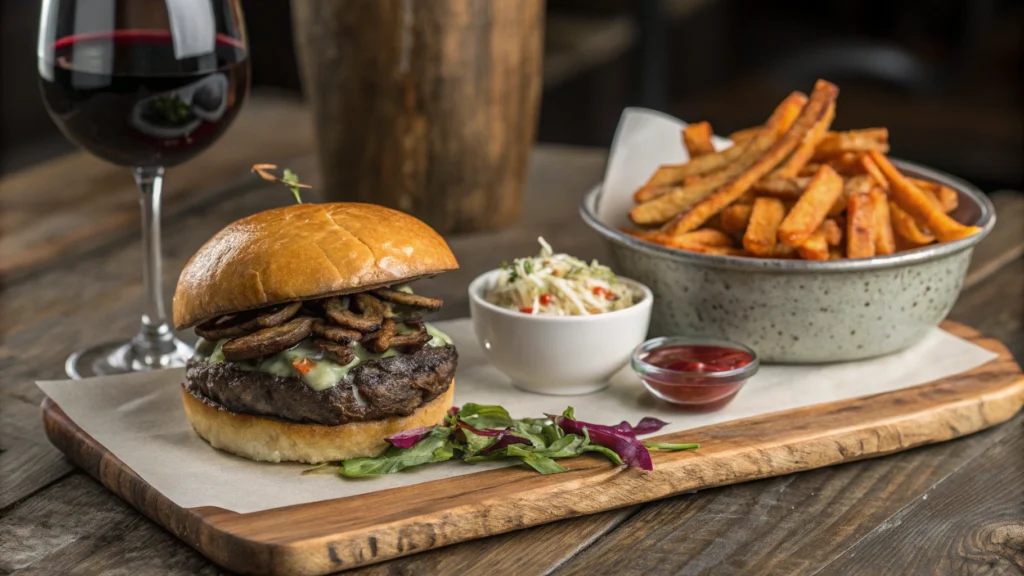 Gourmet venison burger with sweet potato fries and coleslaw