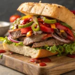 Tri-tip sandwich with toppings.