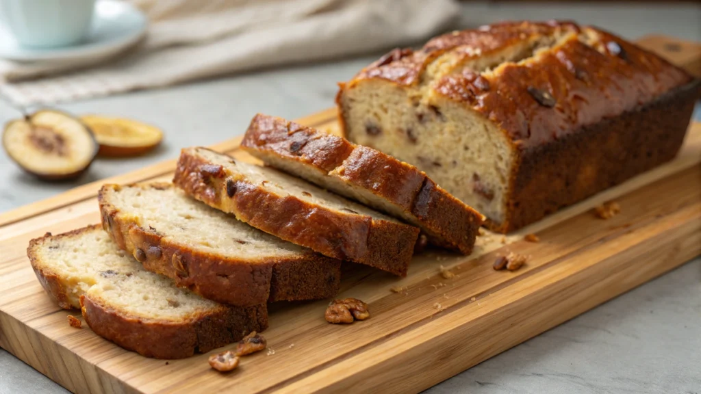 Moist banana bread slices on a wooden board.