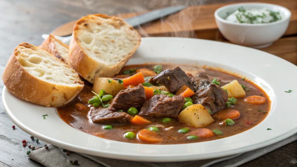 Venison stew with vegetables and bread.