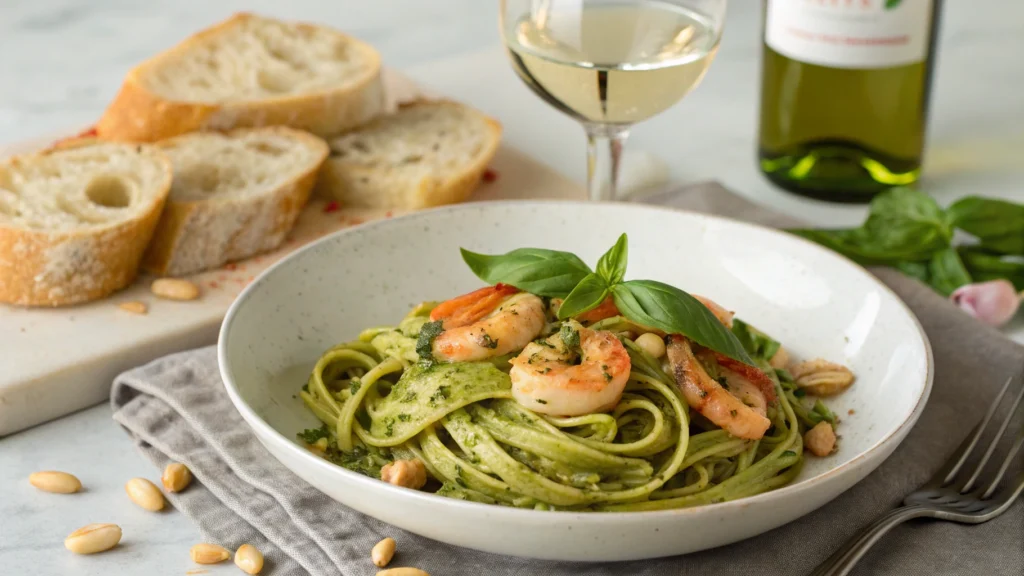 Pesto langostino zucchini pasta served with garlic bread and a glass of white wine on a wooden table