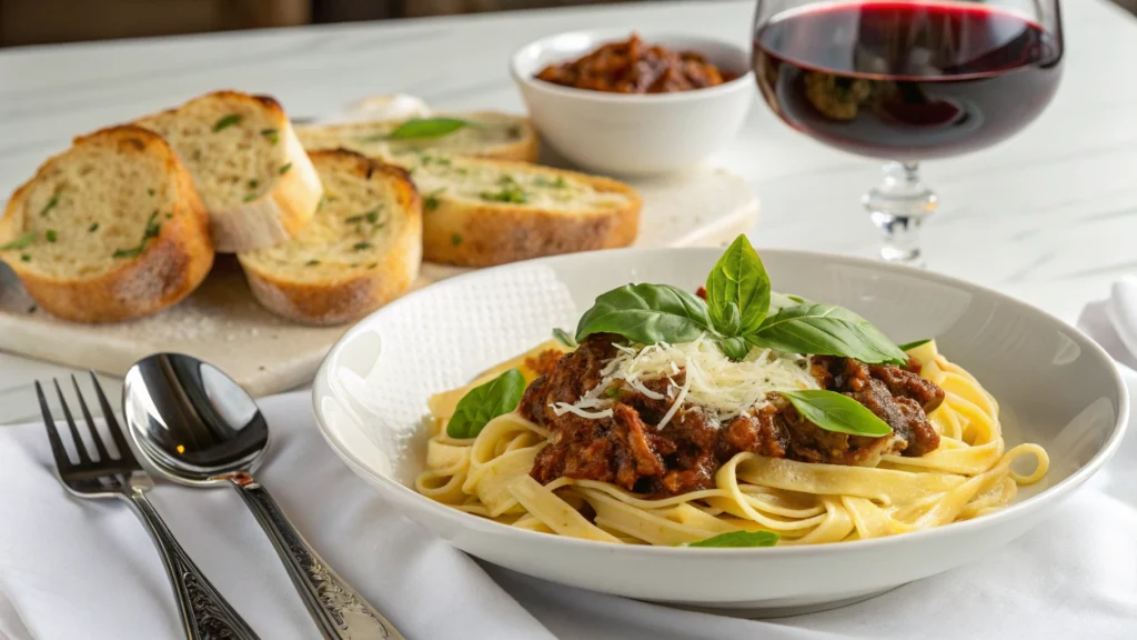 Served slow cooker beef pasta with angel hair and garlic bread.