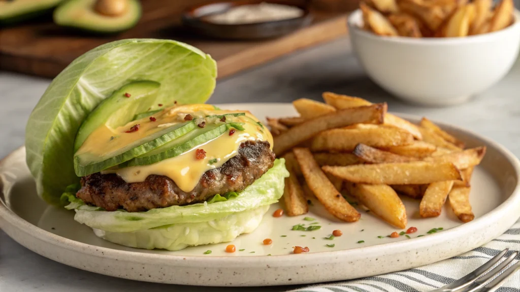 Keto Wagyu burger wrapped in lettuce.