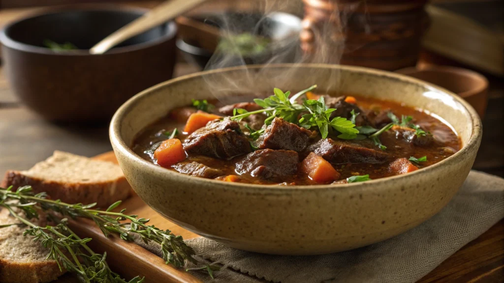 Rustic venison stew in a bowl.