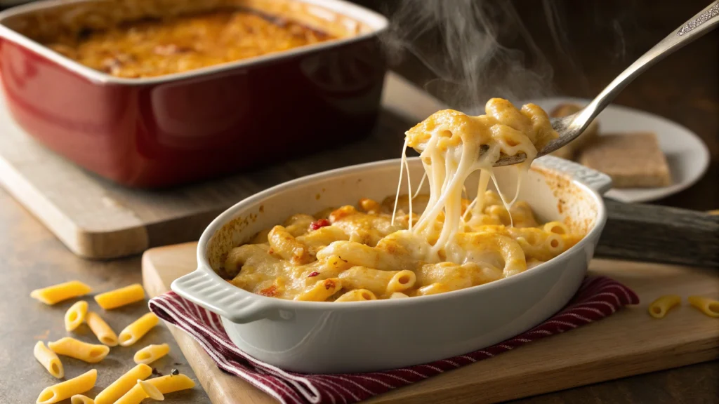 Reheated mac n cheese in a dish, showing creamy texture and melted cheese.