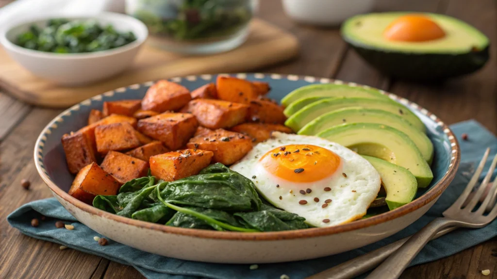 a savory breakfast plate featuring roasted sweet p