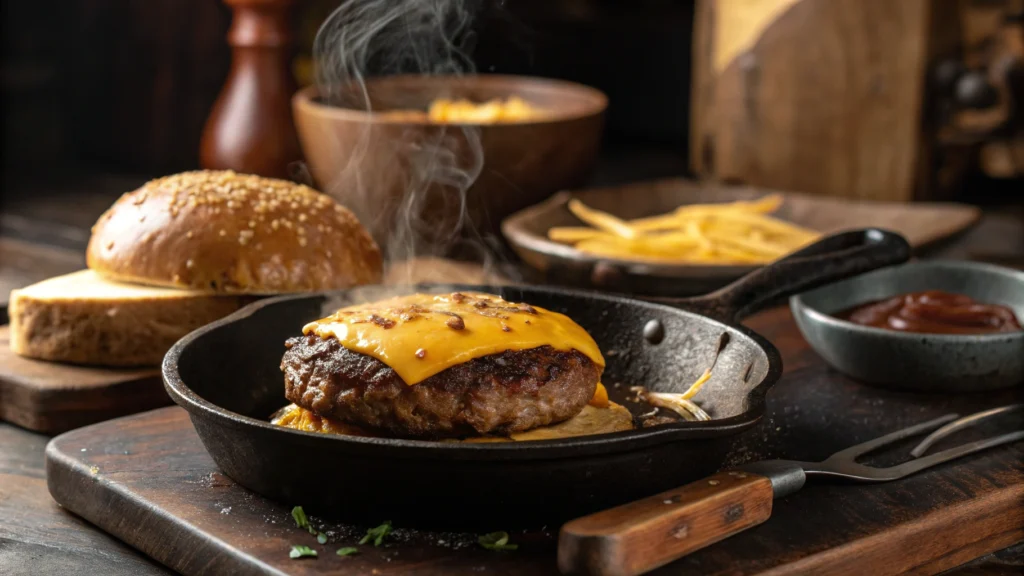 Cooking a deer burger patty in a skillet.