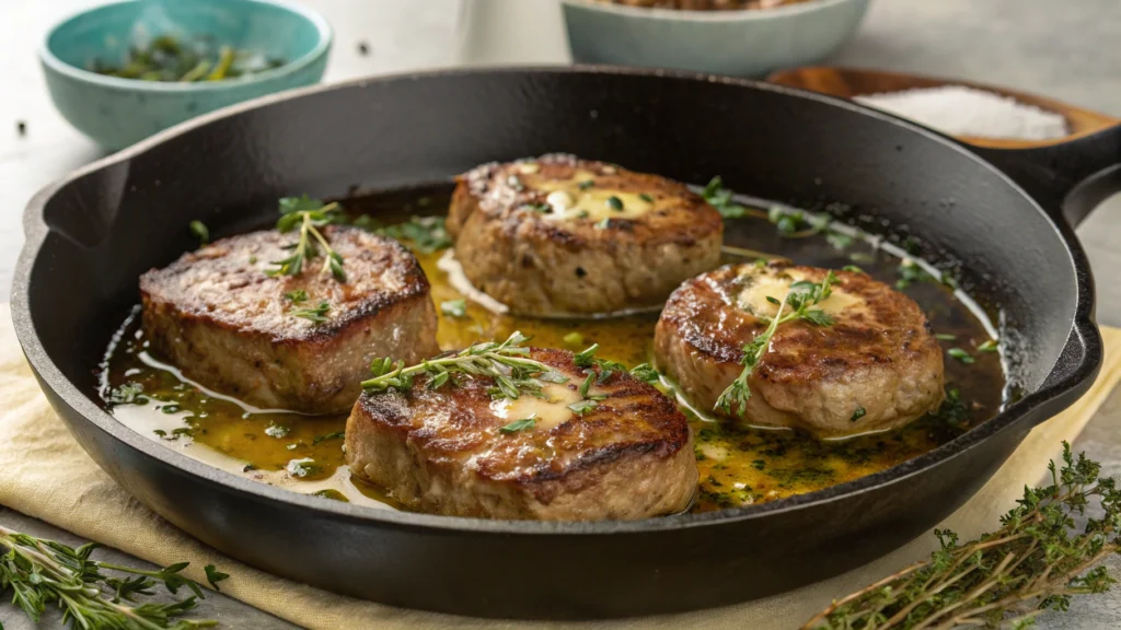 Pan-fried venison cube steaks in a skillet.