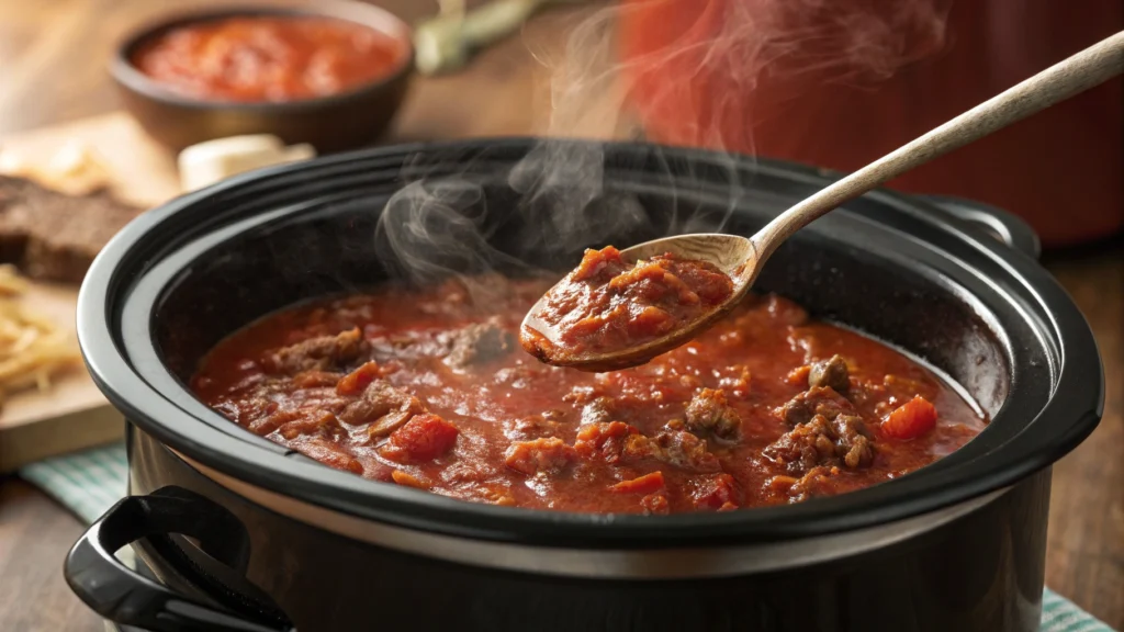 Beef and tomato sauce cooking in a slow cooker for beef pasta recipe.