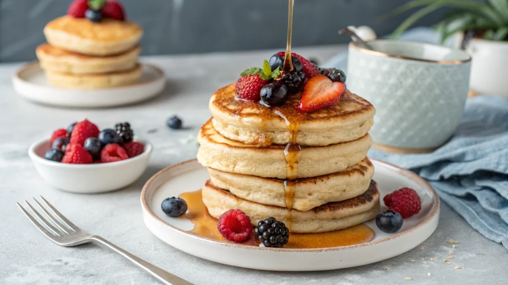 Stack of gluten-free pancakes topped with fresh berries and maple syrup.