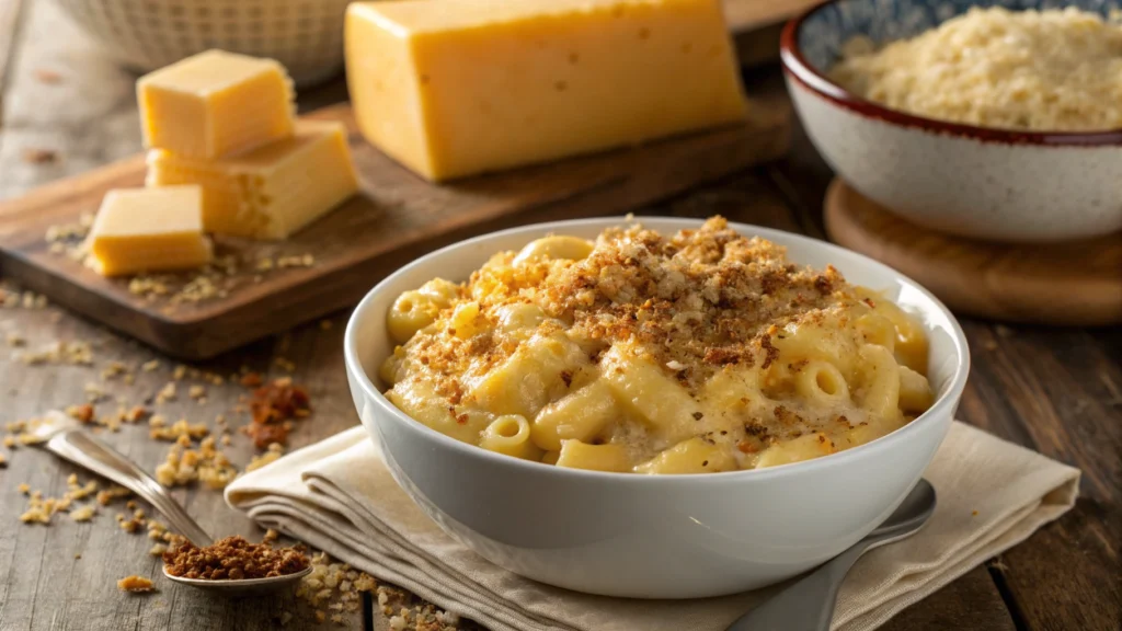 Creamy 3 cheese mac n cheese topped with golden breadcrumbs.