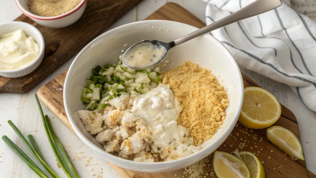 Mixing ingredients for homemade crab cake balls