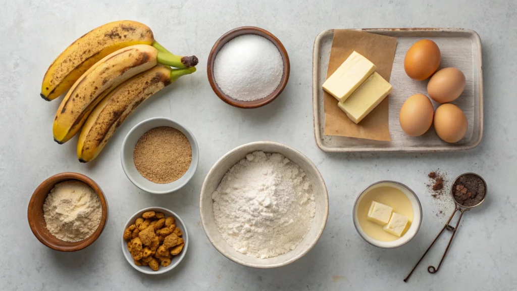 Banana bread ingredients laid out on a countertop.