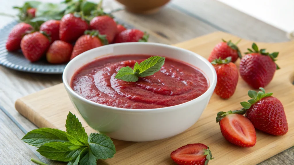 Fresh strawberry puree in a bowl surrounded by ripe strawberries.