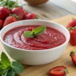 Fresh strawberry puree in a bowl surrounded by ripe strawberries.