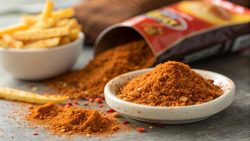 Crushed hot fries seasoning with visible chili and cheese powder.