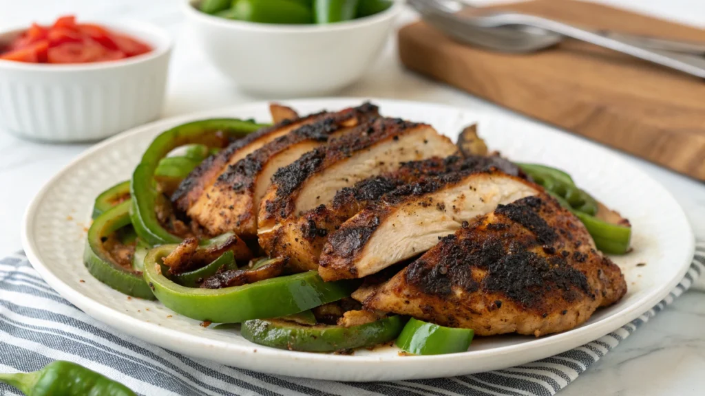 Sizzling cast-iron skillet with blackened chicken and green peppers, a rustic and bold dish.