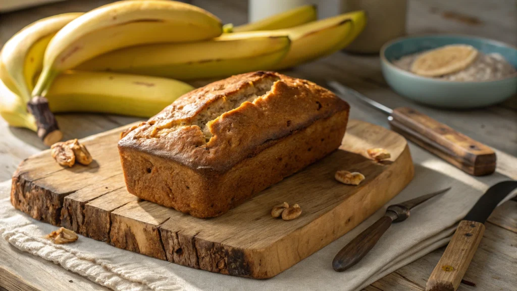 Butter-Free Banana Bread on a Rustic Wooden Cutting Board