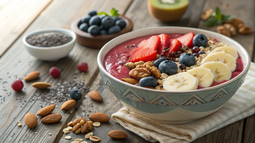 Gluten-free dairy-free smoothie bowl with fresh fruit toppings