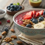 Gluten-free dairy-free smoothie bowl with fresh fruit toppings