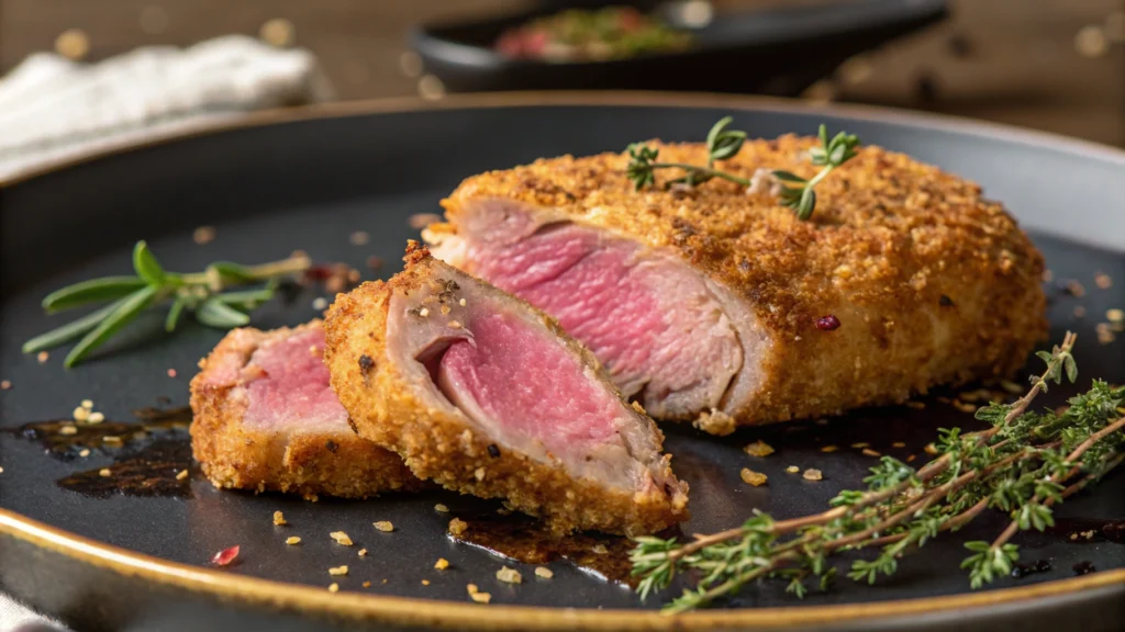 Golden fried venison cube steak with a crispy crust served on a white plate.