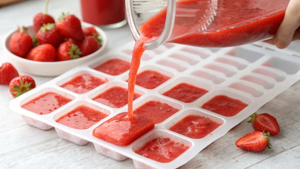 Freezing strawberry puree in ice cube trays.