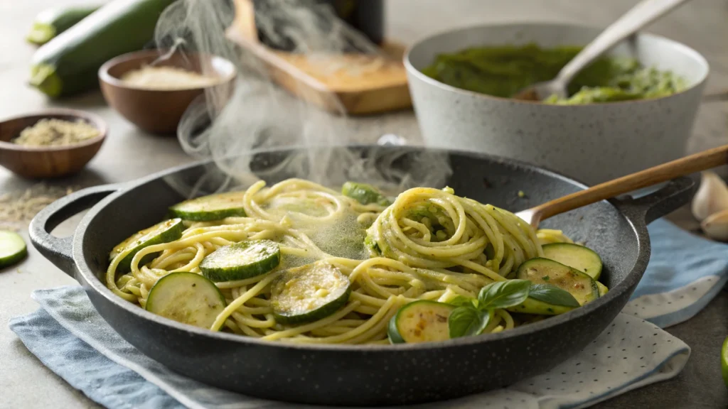 Pasta being tossed with pesto sauce, zucchini slices, and langostino in a skillet.