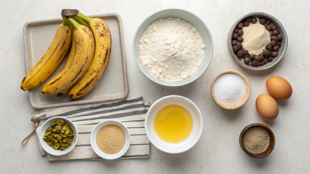 Ingredients for Butter-Free Banana Bread on a Kitchen Counter