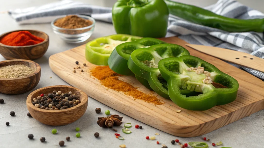 Fresh green bell peppers sliced on a wooden board with a bowl of spices and scattered herbs.