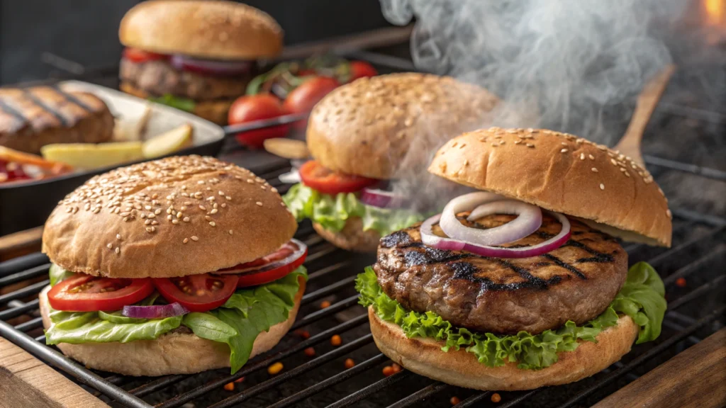 Venison burgers cooking on a grill with char marks