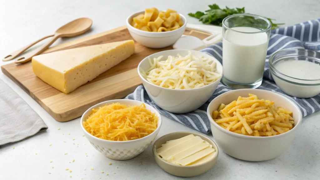 Ingredients for making 3 cheese mac n cheese, including cheddar, Gruyère, Parmesan, pasta, and milk.