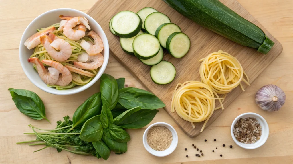 Ingredients for pesto langostino zucchini pasta, including fresh basil, zucchini, langostino tails, Parmesan cheese, and pasta.