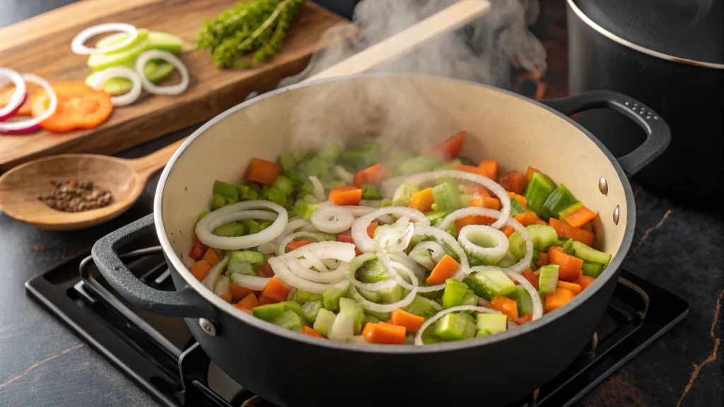 Vegetables being sautéed in a pot for salmon stew.