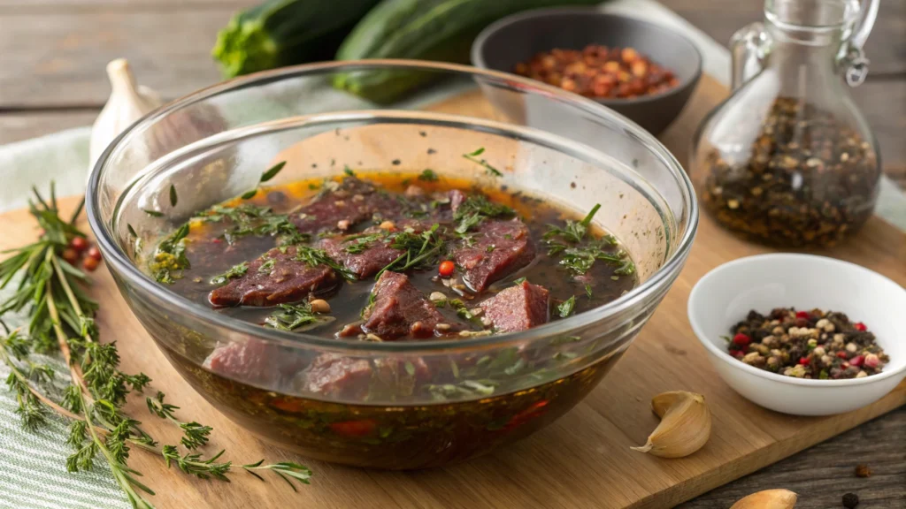 Preparing venison steak marinade in a glass bowl with fresh herbs and spices