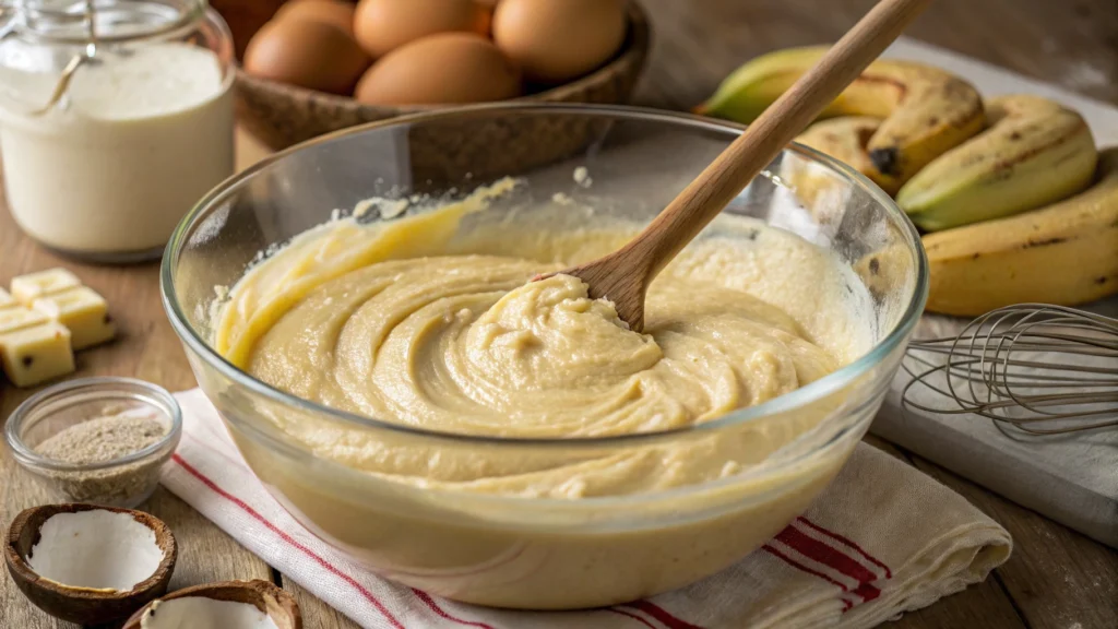 Mixing Butter-Free Banana Bread Batter in a Glass Bowl